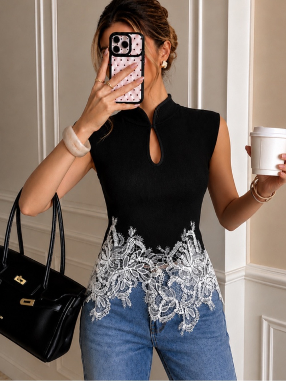 NWT Commense Black Lace Hem Tank Top S